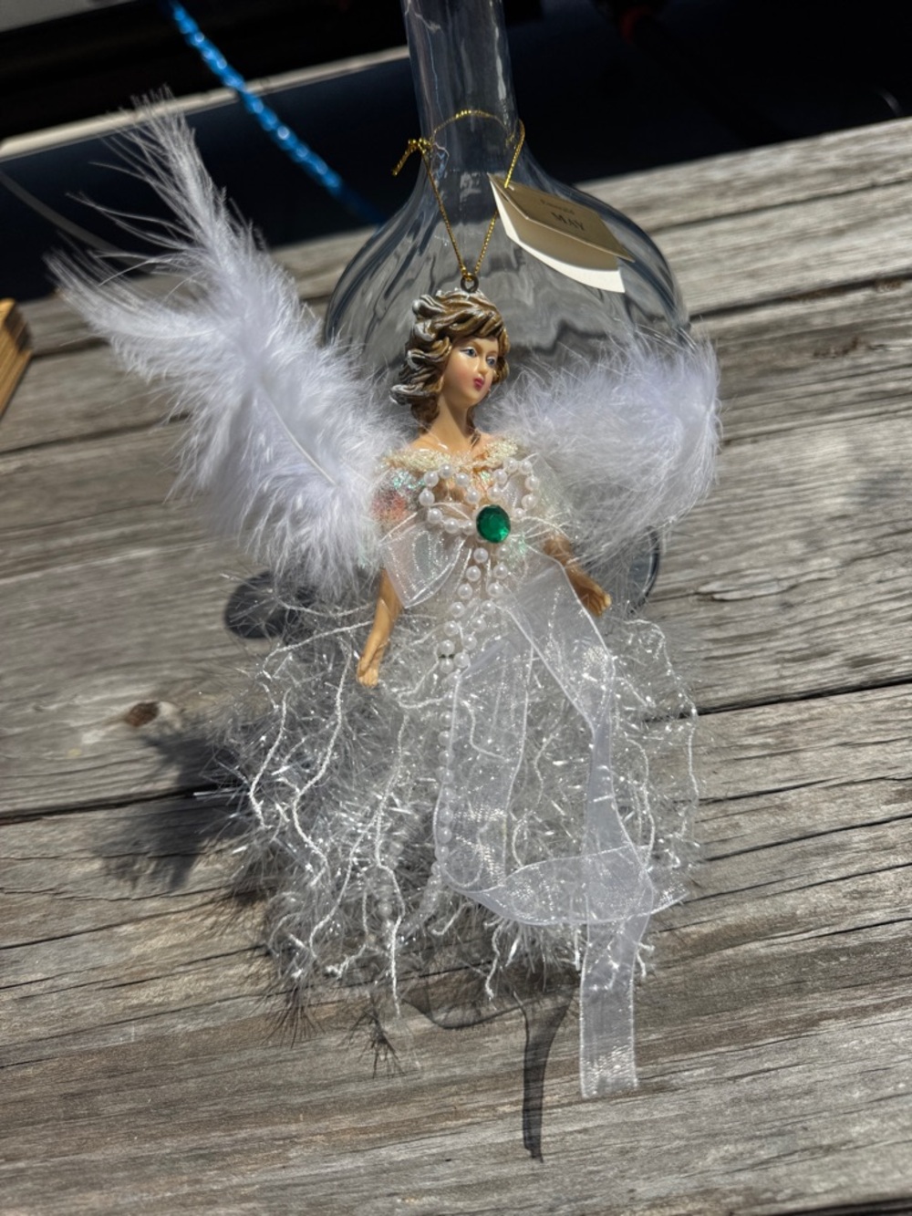 Emerald White and Gold Feathered Angel May Emerald Ornament